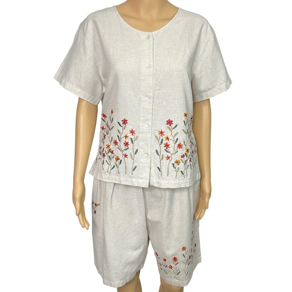 Vintage New Direction Womens L Embroidered Floral Linen Blouse Shorts Outfit